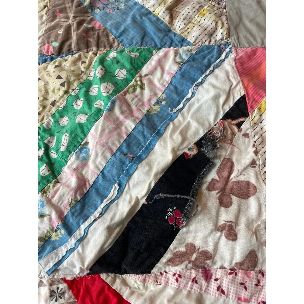 Vintage Handmade Crazy Quilt Multi-Color Patchwork Folk Art Cutter Quilt 74x66